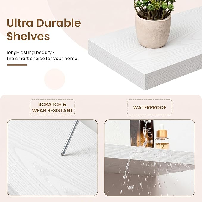Marsmiles 8in Depth Floating Shelves, 8x8x1.4, Vintage White, Set of 3 | Small Wall Mounted Square Shelves, Engineered Wood, Invisible Brackets, Living Room, Bedroom, Bathroom, Kitchen Decor