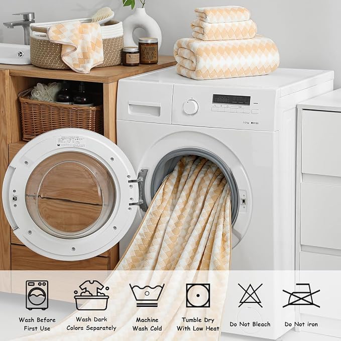 12 Pcs Yellow White Diamond Towel Set-4 Bath Towels,4 Hand Towels,4 Washcloths Soft Polyester Bath Sheet with Loop Absorbent Shower Towel Quick Dry Beach Chair Towel Family Towels for Bathroom Spa Gym