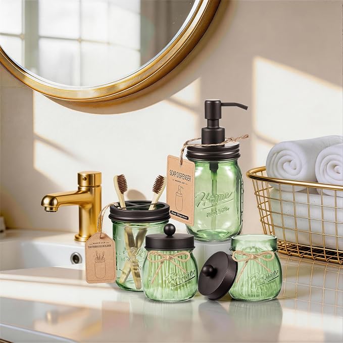 Amolliar Mason Jar Bathroom Accessories Set, 4 Pcs Green Glass Bathroom Set | (Bronze)Lotion Soap Dispenser, 2 Qtip Holders, Toothbrush Holder, Rustic Farmhouse Decor, Bathroom Home Decor For Countertop