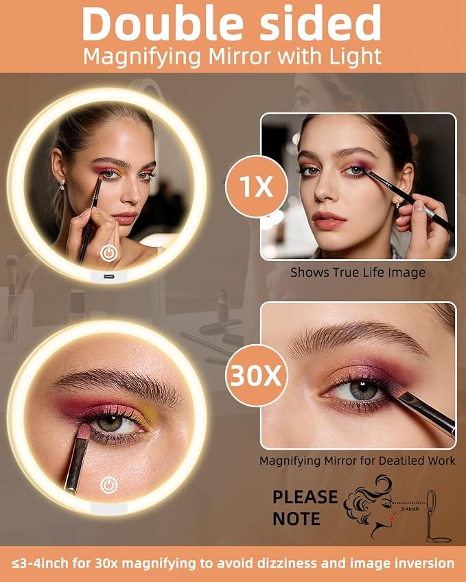 Travel Magnifying Makeup Mirror with Lights, Dual Sided 1X/30X Lighted Magnified Mirror, Rechargeable 3 Colors Dimming Lighting, Large Size of 6inch, Foldable Design, 360°Angle Adjustable