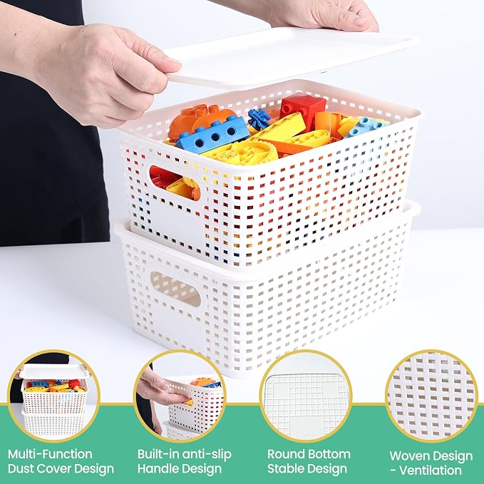 Ohmlove 8 Pack Plastic Storage Baskets with Lids for Organization | Stackable Storage bins, Storages Baskets for Organizing Shelves Drawers Desktop Closet Playroom Classroom Office, White