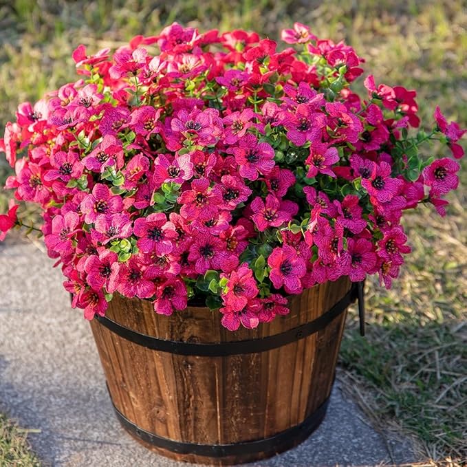 Artificial Flowers for Outdoor Indoor Garden Home Decoration, Faux Flower Daisy with Eucalyptus Leaves Fake Plants Greenery Boxwood Porch Patio, 12 Bundles (Rose Red)