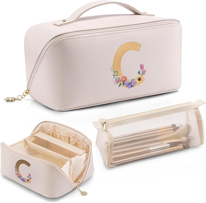 VLANDO Travel Makeup Bag with Separate Brush Pouch,Letter C,Off White | PU Leather Open Flat Toiletry Bag,Waterproof Cosmetic Skincare Organizer,Birthday Gifts for Women,Bridesmaid,Teen
