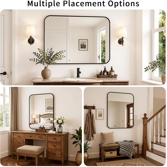 Koonmi Black Bathroom Mirror for Over Sink 32x48 Inch | Wall Mirror for Bathroom Matte Rectangle Metal Deep Framed, Shatterproof Tempered Glass, Hang Vertically or Horizontally