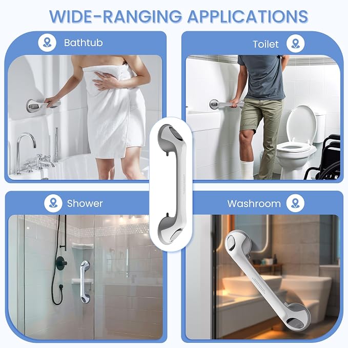2 Pack 16 Inch Grab Bars for Bathtubs and Showers for Seniors, Heavy Duty Shower Handle for Elderly, Suction Cup Removable Handrails Handicap Bath Grip Bathroom Upgrade Safety Grips (Gray)