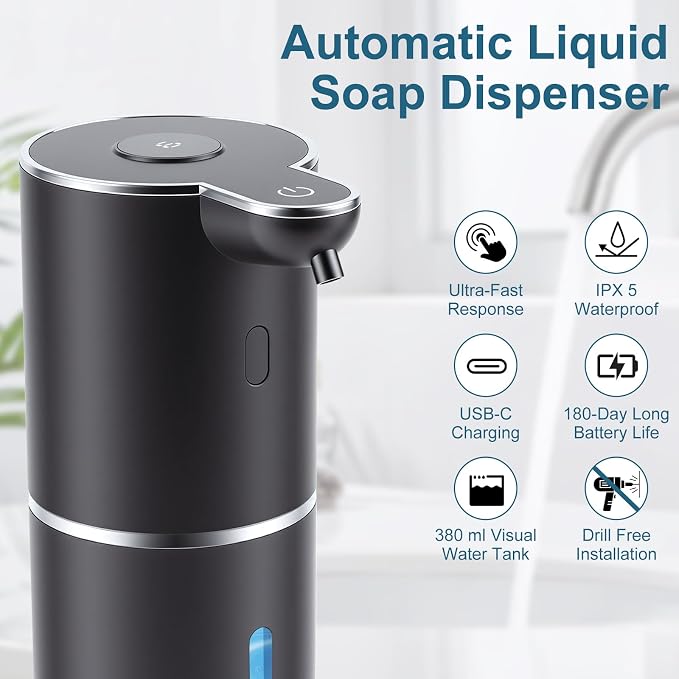 Automatic Soap Dispenser, Hand Soap Dispenser 12.8oz/380ml Smart Rechargeable, Liquid Touchless Soap Dispensers with 6-Level, Wall Mounted or Countertop Dish Soap Dispensing for Bathroom & Kitchen