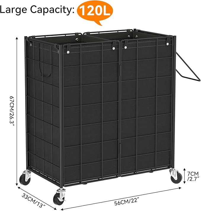 WOWLIVE Double Laundry Hamper with Wheels, Metal Rolling Laundry Basket | Wire Frame Hamper with 2 Removable Bags, 120L Dirty Clothes Hamper Organizer Dorm Room Storage for Bedroom, Black