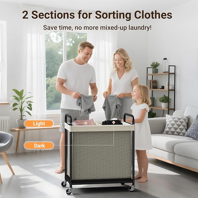 ELYKEN Laundry Hamper 2 Section, 100L Rolling Laundry Sorter with Wheels | Removable Washable Liner Bags, Sturdy Steel Frame and Metal Handle, Double Compartment Clothes Organizer for Laundry Sorting