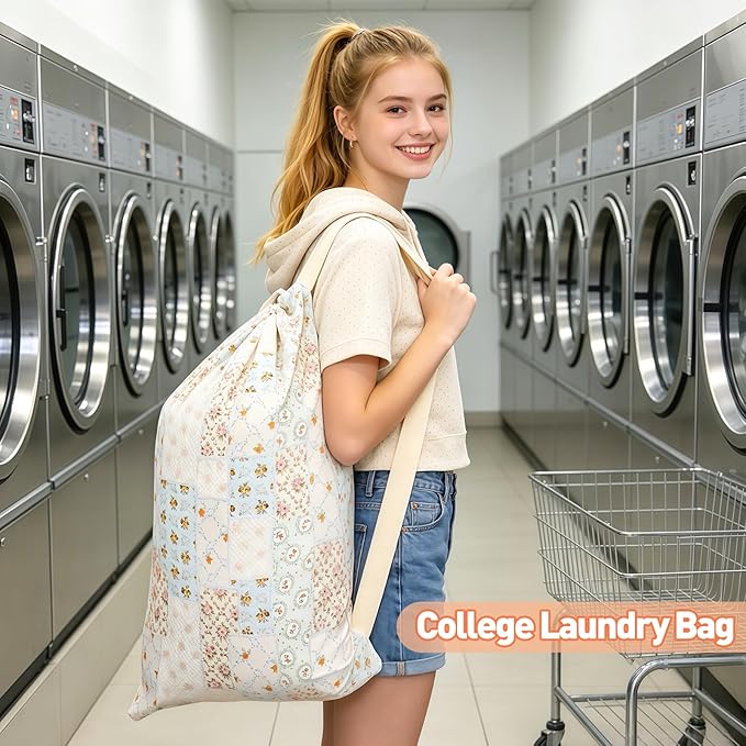 Laundry Bag Backpack for Dorm & Travel, 29 x 18" Large Dirty Bag | Cute Floral College Clothes Pouch with Straps and Handles. Ideal for Apartment, Camp and Portable Bag for Laundromat