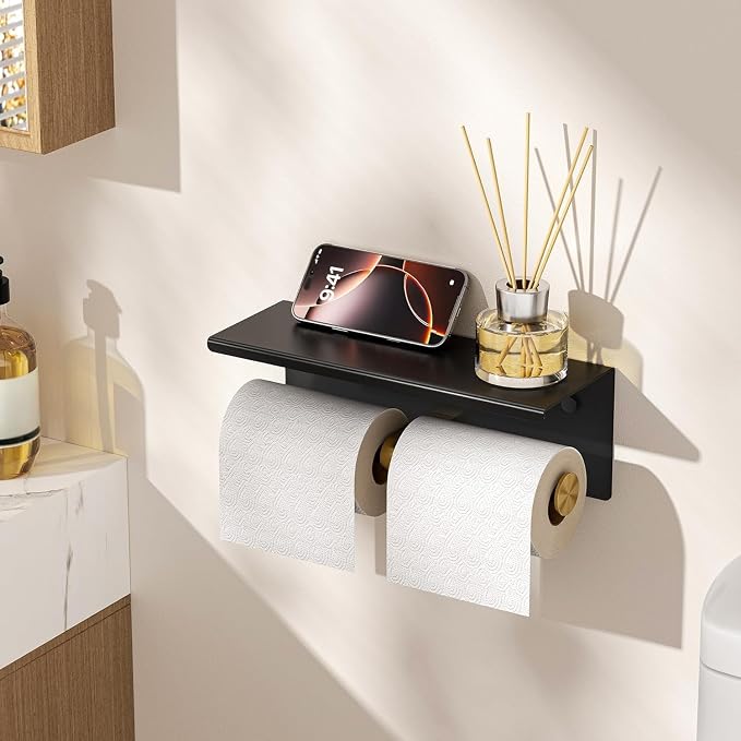 FORIOUS Toilet Paper Holder with Shelf, Commercial Toilet Paper Dispensers | Black and Gold | Wall Mount Bathroom Tissue Holder | SUS304 Stainless Steel Rustproof | Double Tissue Roll Holder
