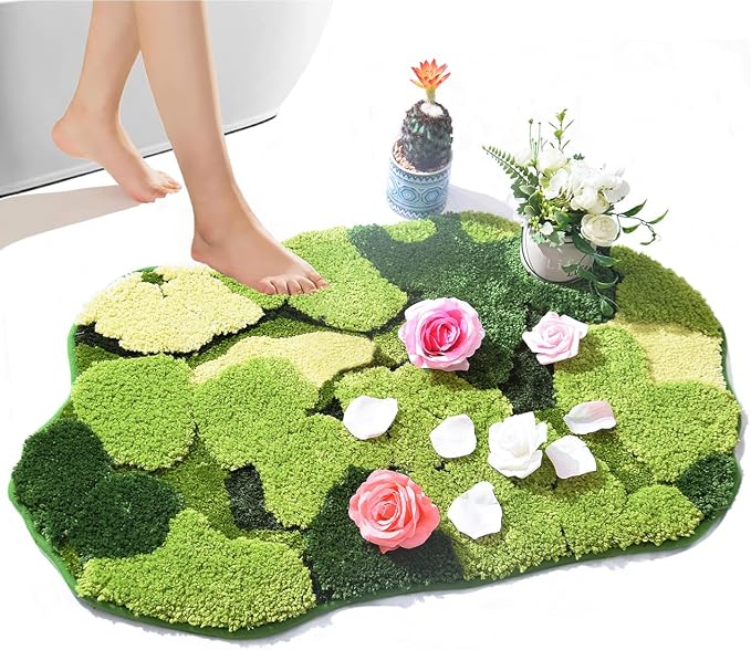Hifuwan Cute Green Moss Shag Bathroom Rugs, Plant Bath Mats, 20 x 32 Inch | Leaf Bath Rugs for Bathroom Decor Aesthetic, Soft Non Slip Machine Washable, Absorbent Floor Carpets for Indoor Shower Mat