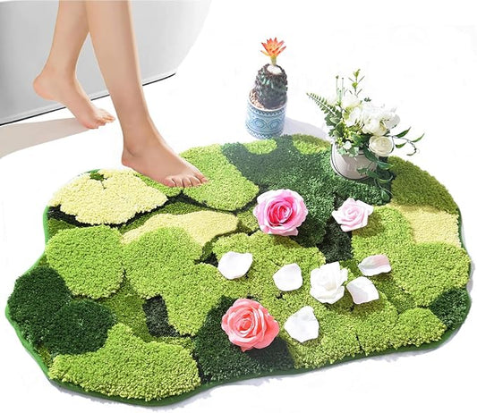 Hifuwan Cute Green Moss Shag Bathroom Rugs, Plant Bath Mats, 20 x 32 Inch | Leaf Bath Rugs for Bathroom Decor Aesthetic, Soft Non Slip Machine Washable, Absorbent Floor Carpets for Indoor Shower Mat