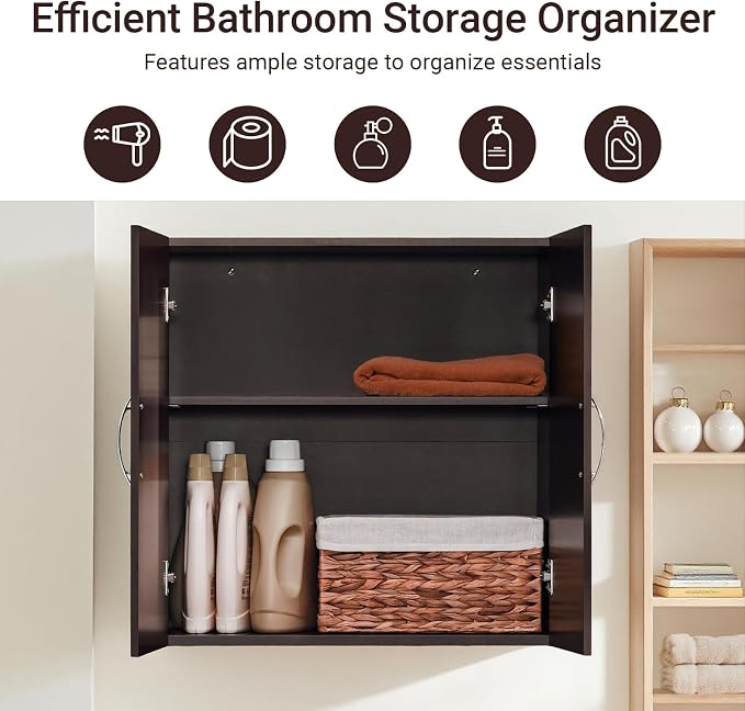 Wall Mount Bathroom & Laundry Storage Cabinet, Wall Size, Brown | Wall-Mounted Storage Cabinet With Door & Adjustable Shelf, Space-Saving MDF Bathroom Organizer, HUS-FRG231