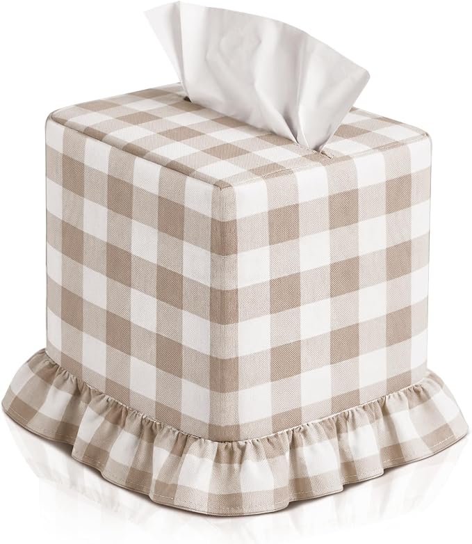 Brown Gingham Tissue Box with Ruffled Cover Cottagecore Handmade Decorative Gingham Napkin Holder for Home Bedroom Living Room Bathroom Vanity Countertop Car Office Kitchen