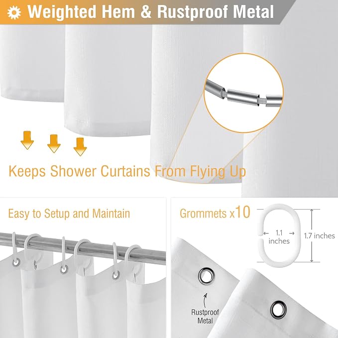 60x72 Linen Textured Waterproof Thick Fabric Shower Curtain Set, White | Narrow Size, 230GSM Polyester, Heavy Duty Cloth, Weighted Hem, 10 Plastic Hooks, Modern Luxury Hotel Style, Machine Washable