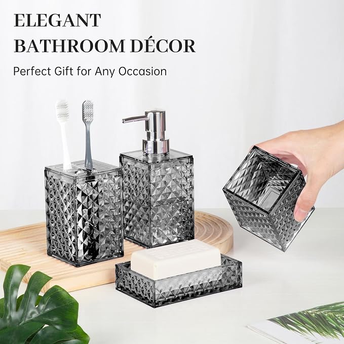 Bathroom Accessory Set, Grid Pattern 4 Pcs Plastic Bathroom Set, Grey | Include Soap Dispenser, Soap Dish, Toothbrush Holder, Mouthwash Cup, Modern Bathroom Decor Set