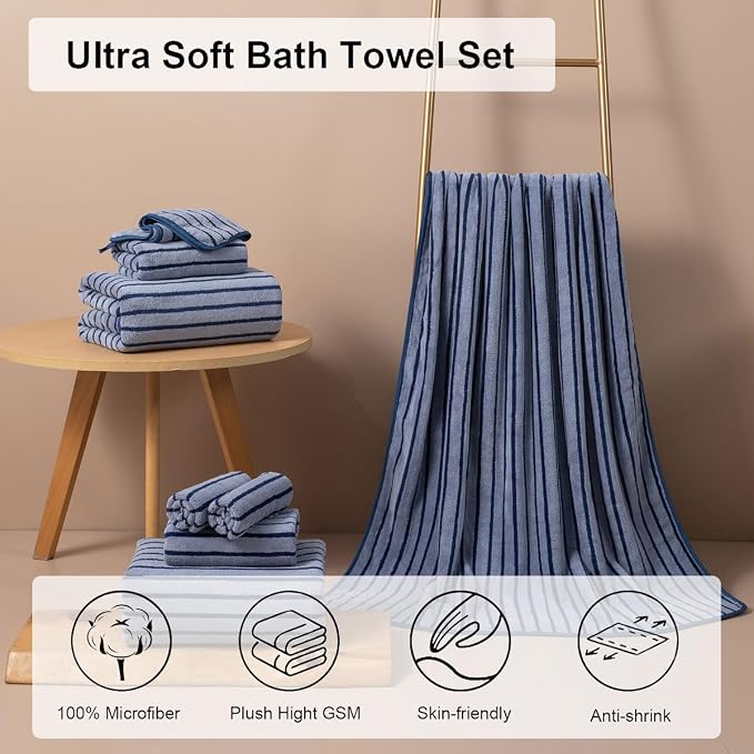 2 Piece Navy Cabana Stripe Hand Towels for Bathroom 16"x31" Ultra Soft Breathable Hand Face Towels Highly Absorbent Towels Quick Dry Beach Chair Towel for Spa Gym Hotel Travel Camp