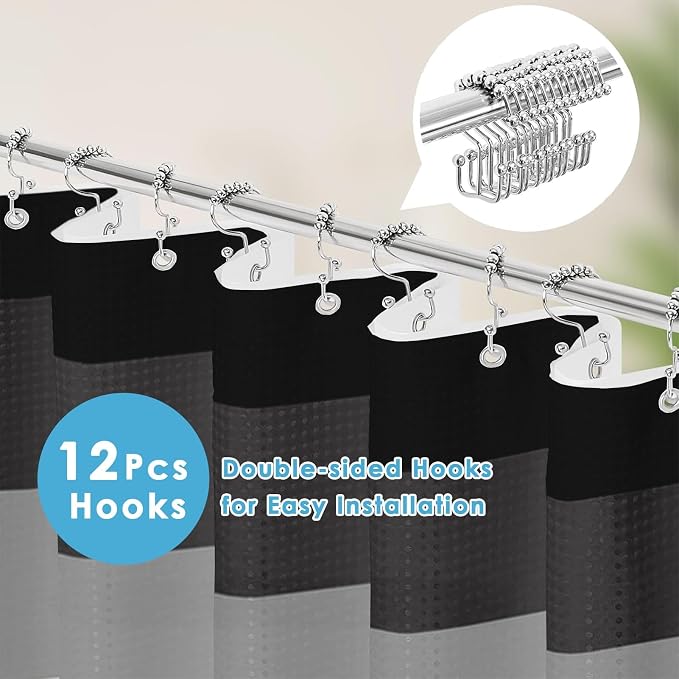 3 in 1 Shower Curtain and Liner,72 x 72 inch, Striped Grey | Black White Shower Curtain and PEVA Liner Set with 12 Rust-Resistant Metal Hooks, Waterproof Fabric Curtains for Bathroom