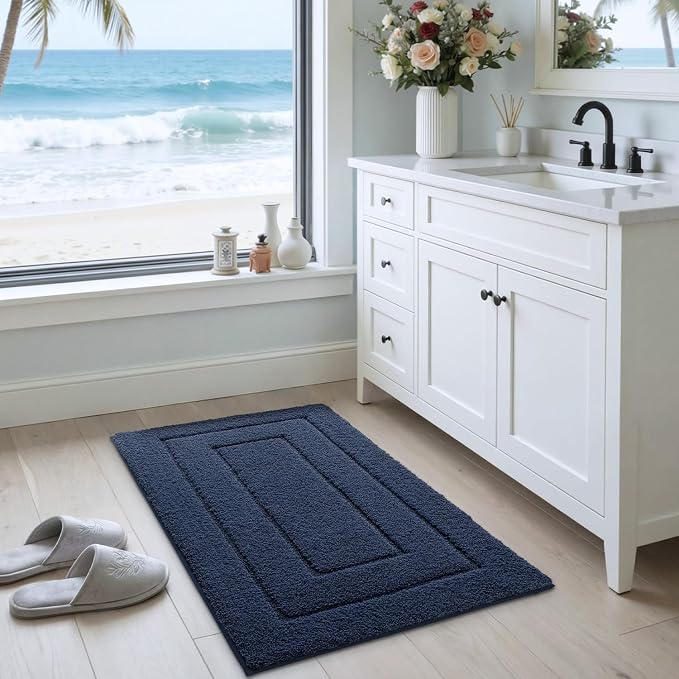 DEXI Bathroom Rugs 24x16, Non-Slip and Absorbent Bath Mat, Navy | Machine Washable, Soft Plush Microfiber Bathmat with Rubber Back, Quick Dry Small Rug for Shower, Tub, Sink