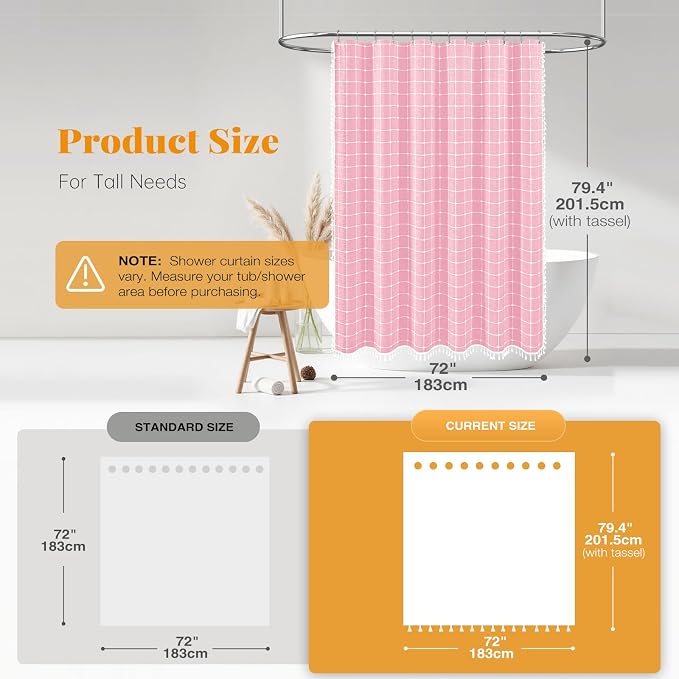 72x78 Boho Farmhouse Linen Heavy Duty Fabric Shower Curtain Set, Pink | Long Size, 330GSM Linen Blend, 3-side Tassels, Water Repellent Cloth, 12 Plastic Hooks, Rustic Bohemian, Machine Washable