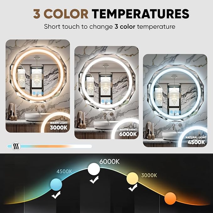 24" Round LED Bathroom Vanity Mirror, Backlit Anti-Fog Frameless | Beveled Edge, Dimmable 3 Colors, Memory Function, HD Shatterproof Tempered Glass, Lighted Mirror for Wall