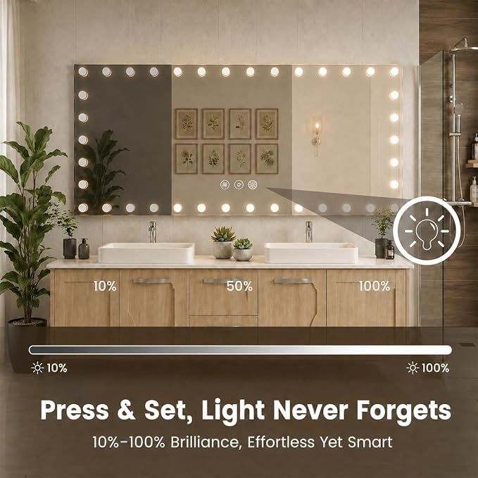 WTTY 96"x36" Hollywood Vanity Mirror with Lights | Wall Mounted Makeup Mirror, 3 Color Temperatures, Stepless Dimmable Bulbs, Anti-fog, Tempered Glass, Shadow-free