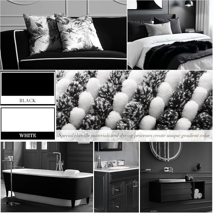 Bathroom Rugs and Mats Sets, 2 Piece Thick Absorbent Chenille Bath Mat Rug Set Non Slip, Soft Shaggy Bath Room Floor Mats for Bathroom, Machine Washable (Black, 20" x 60" Plus 20" x 32")