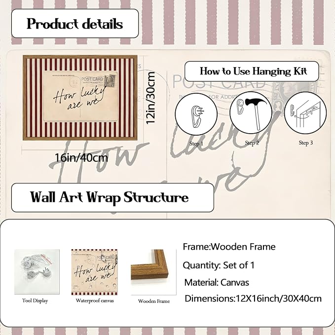 Vintage How Lucky Are Wall Art Preppy Postcard Striped Wall Decor Picture, Trendy Inspirational Quote Poster Canvas Print Picture for Living Room Bedroom 12x16 inch Wood Framed