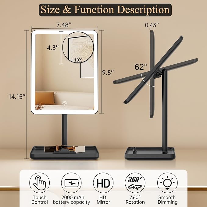 FUNTOUCH 4000mAh Rechargeable Vanity Mirror with Lights 40X Magnifier,Black | 3-Color Lighting Makeup Mirror with Lights & 84 LED,360°Rotation Touch Dimmable Lighted Makeup Mirror for Bedroom Tabletop