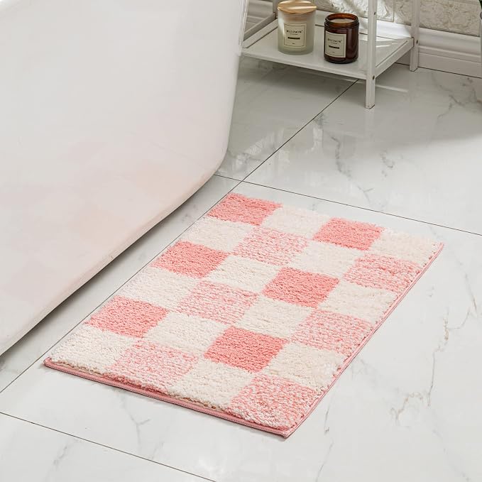 CozeCube Blossom Pink Checkered Bath Mat 32"x20" Non Slip Washable Rug | For Bathroom Non Slip, Fluffy Absorbent Microfiber Bath Mats Machine Wash, Stylish Cute Aesthetic Bathroom Rugs