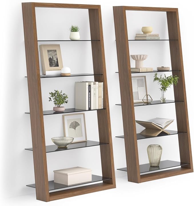 BDI Furniture Eileen 5166-74" x 34.25'' Leaning Shelf for Living Room, Family Room or Office with 5 Polished Tempered Glass Shelves, Natural Walnut