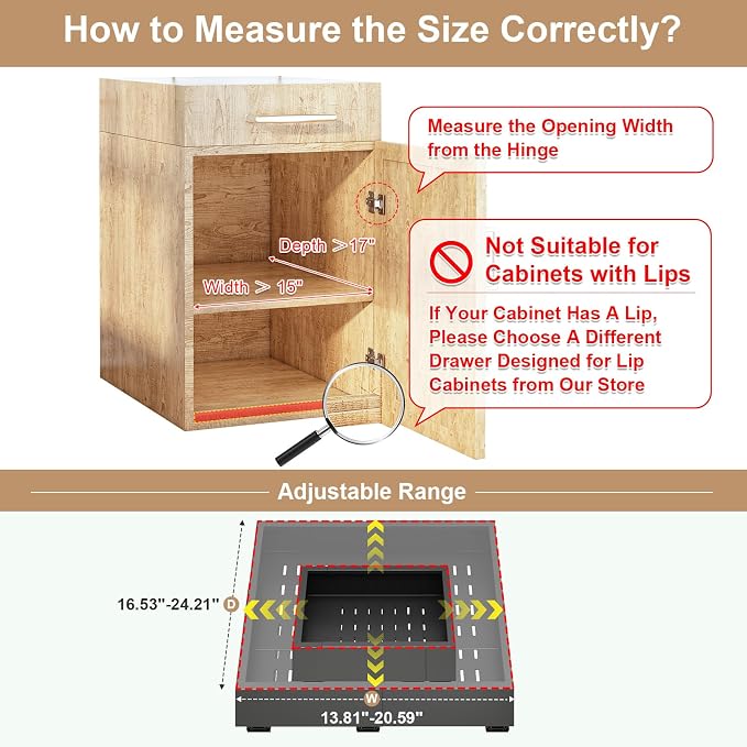 Fokyfok Pull out Cabinet Organizer,14"-21"W, 17"-24"D,Expandable,Adhesive | No Drill,3 Rails,Adjustable Slide out Drawers for Kitchen,Pantry,Roll out Shelves,for Cabinets Without Lip,Bathroom,Black,1PC