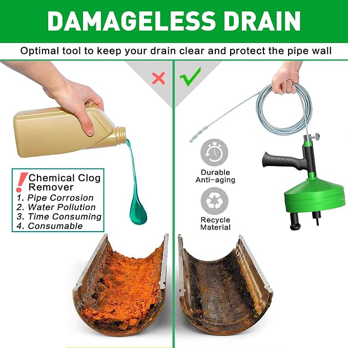 BACOENG 33Ft Drain Auger, Heavy Duty Plumbing Snake with Drill Adapter, Use Manually or Powered for Drain Clog, Shower Sink, Comes with Gloves and Bag (Green)