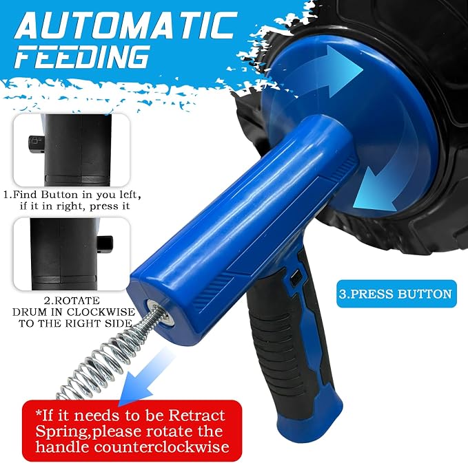 25FT Auto Feed Drain Snake Auger Drill or Manual Hair Clog Remover | 25FT flexible drain snake with auto feed retract, supports drill or manual use, for bathroom sink shower hair clog removal