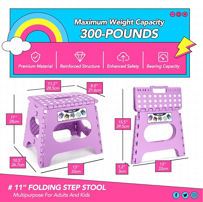 Delxo Folding Step Stool 11 Inch,300 Lbs Step Stool for Kids&Adults Purple | Foldable Step Stool 11",Non-Slip Foot Stools with Handle,Lightweight Collapsible stools for Kitchen,Bathroom,Bedroom,Garden