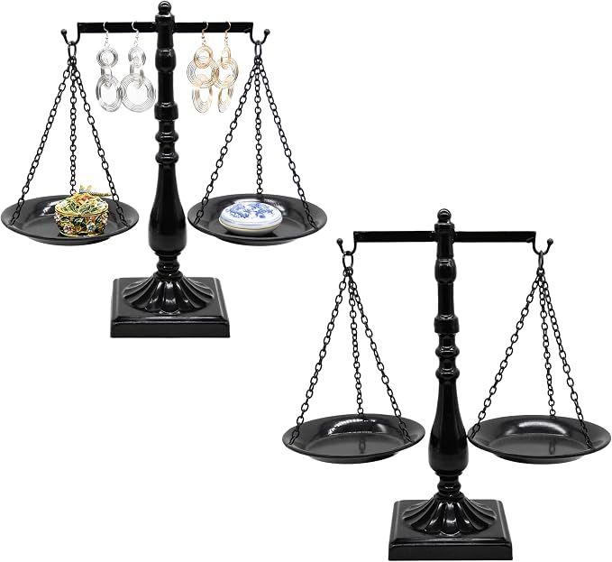 Set of 2 Vintage Metal Libra Jewelry Towers Display with Fixed Beam, Cosmetic Organizer Storage, Scale Centerpiece Stand, Antique Jewelry Storage, Farmhouse Candleholder Display – 7.7“ W x 12.1“ H