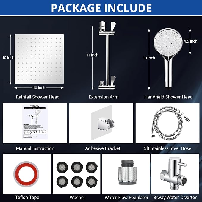 Shower Head, 10'' High Pressure Rainfall/Handheld Shower Combo, Chrome | 9 Settings, Anti-leak Shower Head with 11'' Extension Arm, Holder, Hose, Height/Angle Adjustable Shower, 1.75GPM