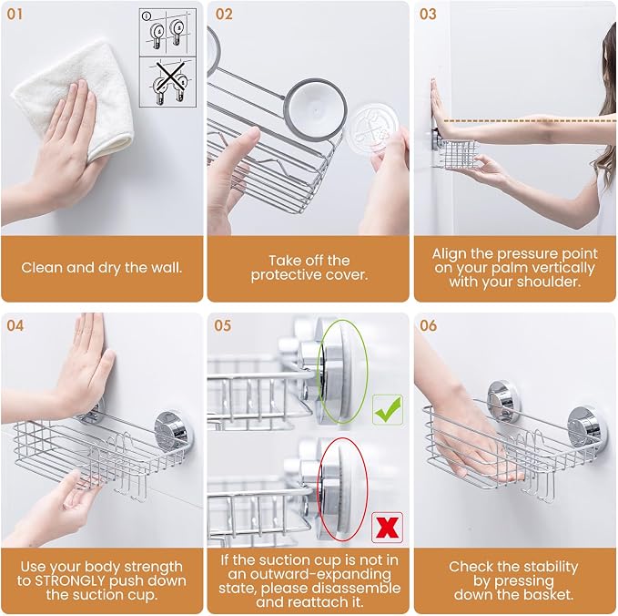 Shower Caddy Suction Cup, 2 Pack Heavy Duty Bathroom Organizer | Shower Caddy with Hooks & Soap holder, Removable Shower Storage, Rustproof Silver bathroom Holder
