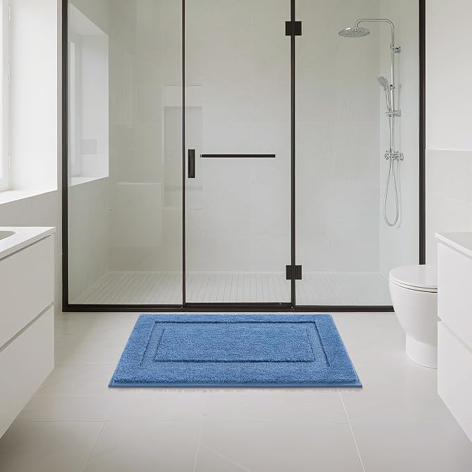 SHACOS Soft Microfiber Bathroom Rugs Set of 2 Pieces, Blue | 47x20 + 32x20, Absorbent Plush Bath Rugs, Non Slip Washable Shaggy Bath Mats, Fluffy Bathroom Runner Floor Mats Shower Rug
