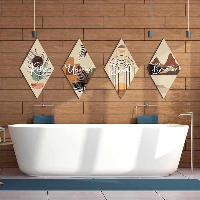 FairySandy 4 Pcs Boho Bathroom Wall Decor 11.8 x 6.7 In Boho Bathroom Decor | Boho Bathroom Wall Decor Boho Wooden Hanging Wall Art Relax Soak Unwind Breathe Sign for Bedroom Living Room Home Decoration