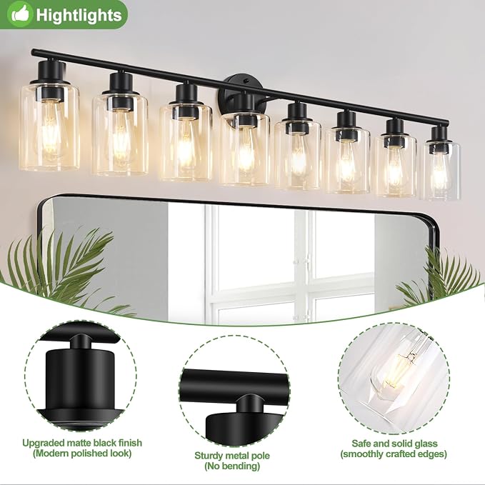 Zarbitta 8-Light Bathroom Light Fixtures, Black Modern Vanity Lights with Clear Glass Shade, Bathroom Wall Lamp, for Mirror Kitchen Living Room Hallway Cabinet Porch