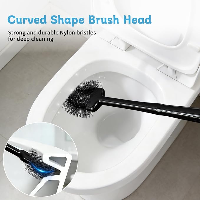 Toilet Brush and Plunger Set, Curved Head for Deep Cleaning, Black | Brush and Plunger set, Curved Nylon Bristles for Deep Clean, Strong Suction Plunger, Ventilated Holder for Quickly Air Dry