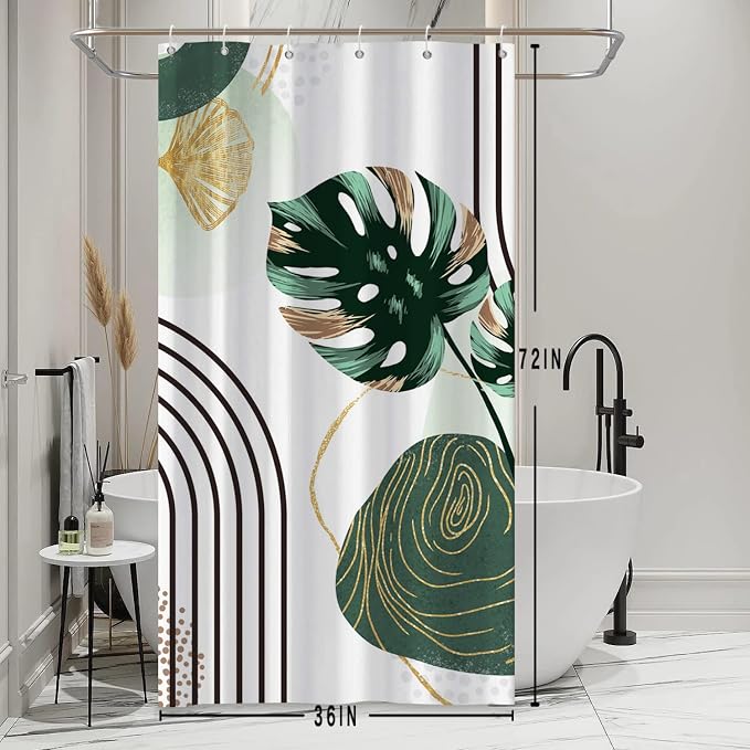 Boho Green Stall Shower Curtain with Hooks 36x72 Inch | Waterproof Small Abstract Green and Gold Leaves Bathroom Curtain for Shower Stall, Machine Washable