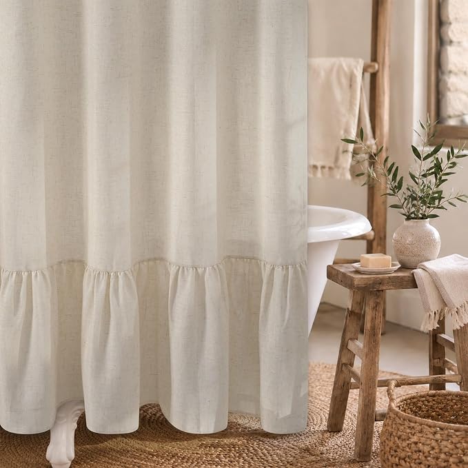 Yinhua Farmhouse Shower Curtain with Ruffle, Vintage Linen Extra Long Shower Curtains for Bathroom, Beige Striped Bath Curtain with 12 Hooks, Heavy Duty Waterproof Washable Cloth, 72" W x 84" L