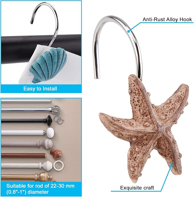 AGPtek® Seashell Shower Curtain Hooks, Blue Seashell, 12PCS | Anti Rust, Decorative Resin, Bathroom Decor, Baby Room Decor, Bedroom & Living Room Decor
