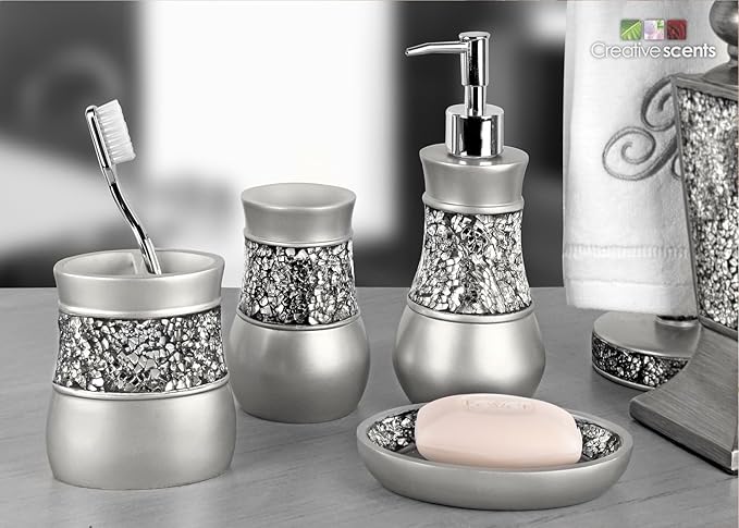 Creative Scents Crackled Glass Silver Hand Soap Dispenser for Bathroom, | Decorative Countertop Lotion Dispenser, Elegant Liquid Soap Dispenser with Sturdy Pump for Classic Bathroom Décor