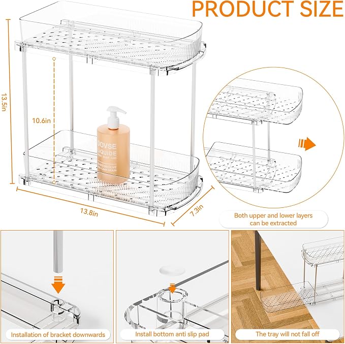 2 Pack 13.8″ Deep 2 Tier Under Sink Storage Organizer,Large Pull Out Bathroom Organizers and Storage,Slide Out Acrylic Undersink Storage Shelf,Kitchen Under Sink Organizer for Cleaning Products