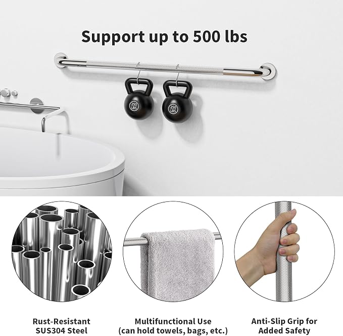 Chrome Grab Bar 40 Inch, Grab Bar for Bathtub and Shower | Anti-Slip Knurled Grip, Stainless Steel, Bathroom Assist Handle Handrail, Handicap Support Bars for Toilet, 1.25" Diameter