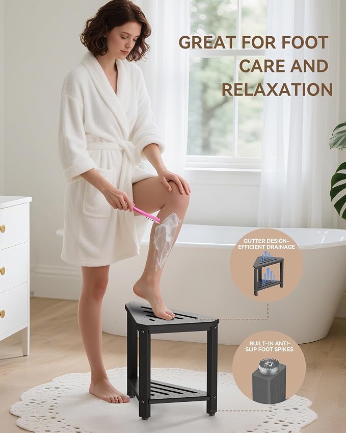 Shower Foot Rest 15in, HDPE Waterproof Shower Stool for Inside Shower, Corner Shower Stool for Shaving Legs with Storage Shelf for Small Space, Shower Step Stool, Plastic Corner Shower Bench, Grey