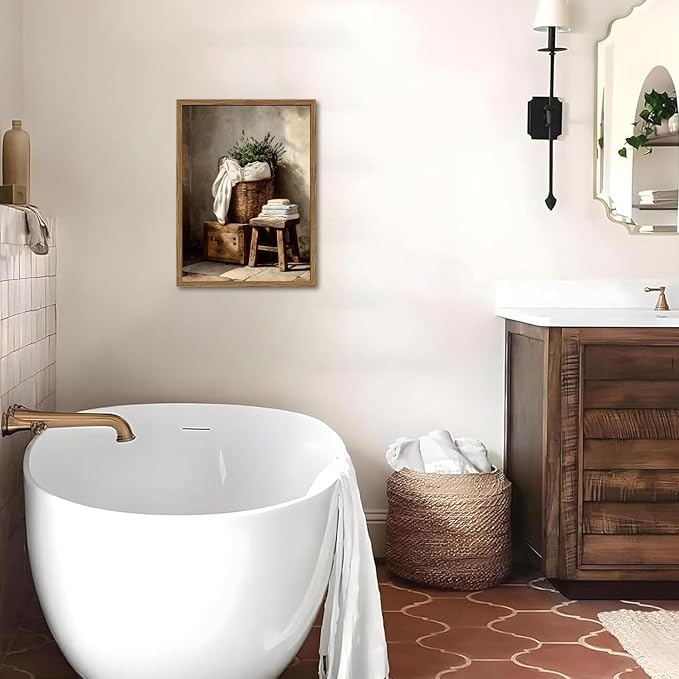 Vintage Laundry Room Wall Art Rustic Laundry Basket Bathroom Wall Decor Poster Country Farmhouse Wildflower Canvas Painting Print 24x16 inch Wood Framed